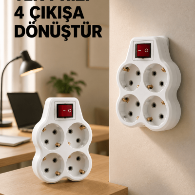 Anahtarlı 4’lü Priz Adaptörü Direkt Duvar Prizine Takılan Priz Çoklayıcı 2’li Set
