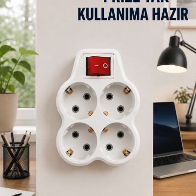 Anahtarlı 4’lü Priz Adaptörü Direkt Prize Takılan Kompakt Priz Çoklayıcı