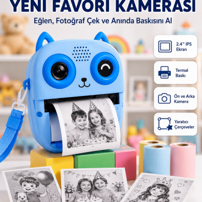Anında Baskılı Çocuk Fotoğraf Makinesi Termal Yazıcılı Selfie Kamerası
