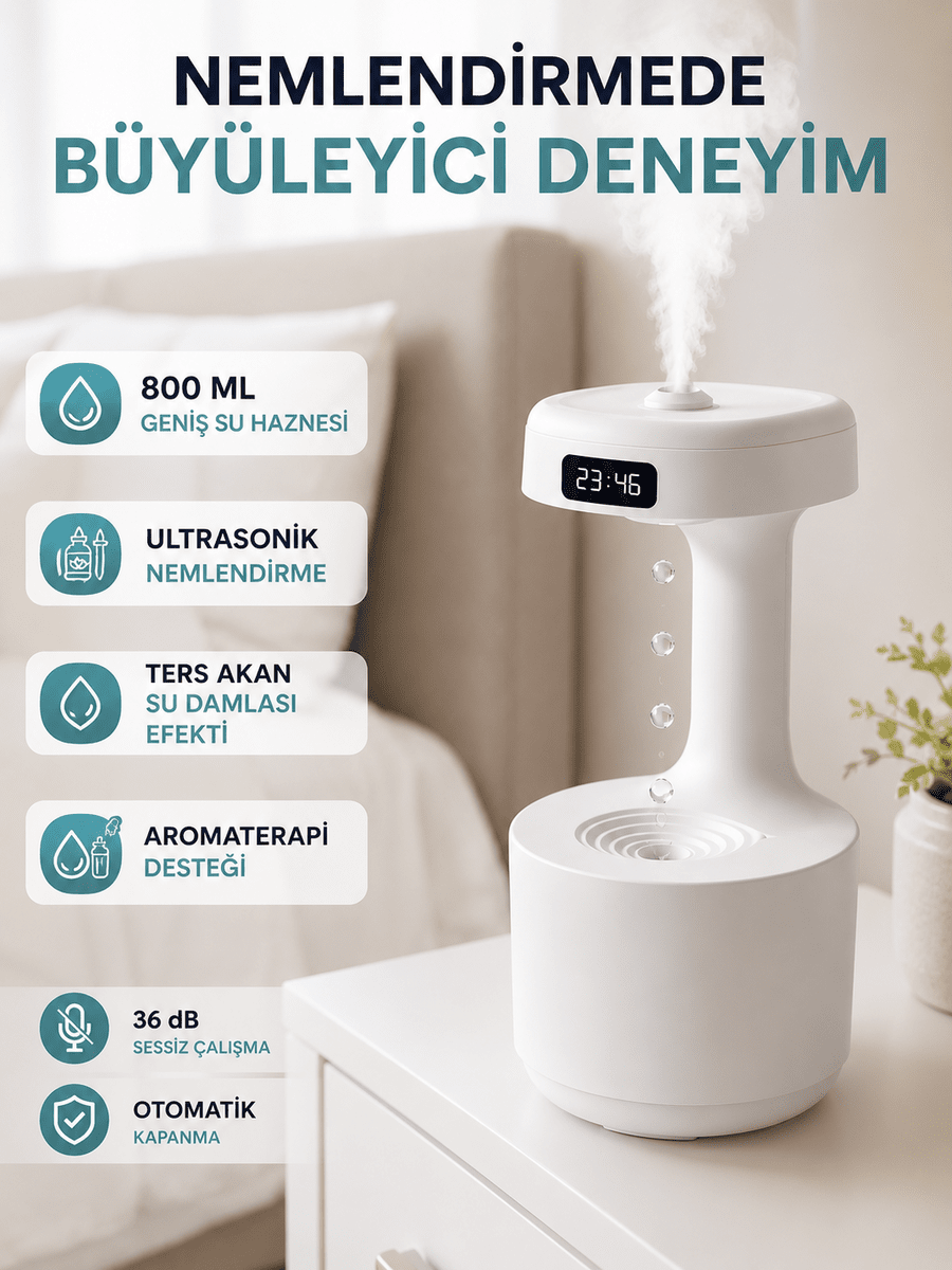Dekoratif Hava Nemlendirici 800 ml Sessiz Aroma Difüzör Anti Yerçekimi Su Efektli