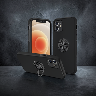 Apple İphone 12 Kılıf Elit Yüzüklü Kapak - Siyah