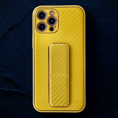 Apple İphone 12 Pro Kılıf Coco Karbon Standlı Kapak - Sarı