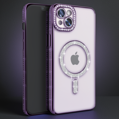 Apple İphone 14 Kılıf Joke Simli Magneticsafe Kılıf - Derin Mor