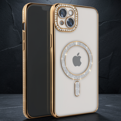 Apple İphone 14 Kılıf Joke Simli Magneticsafe Kılıf - Gold