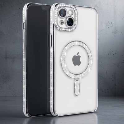 Apple İphone 14 Kılıf Joke Simli Magneticsafe Kılıf - Gümüş