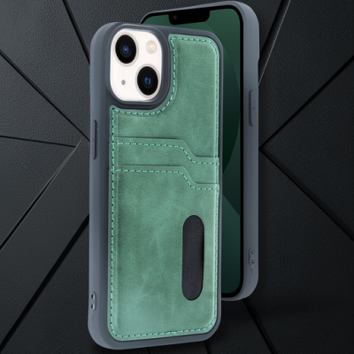 Apple İphone 14 Kılıf Sara Kartvizitli Deri Kılıf - Koyu Yeşil