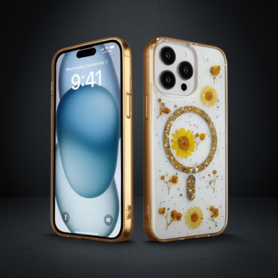 Apple İphone 14 Pro Kılıf Daisy Simli Magsafe Kapak - Gold