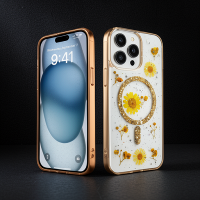 Apple İphone 14 Pro Max Kılıf Daisy Simli Magsafe Kapak - Gold