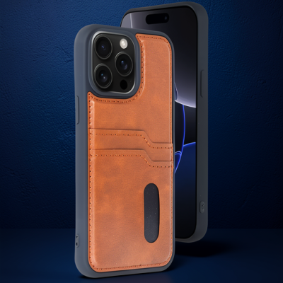 Apple İphone 14 Pro Max Kılıf Sara Kartvizitli Deri Kılıf - Taba