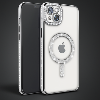 Apple İphone 15 Kılıf Joke Simli Magneticsafe Kılıf - Gümüş