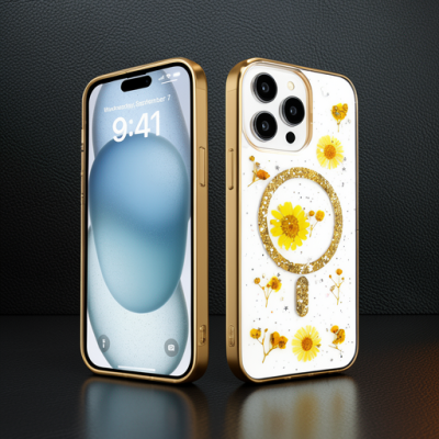 Apple İphone 15 Pro Kılıf Daisy Simli Magsafe Kapak - Gold
