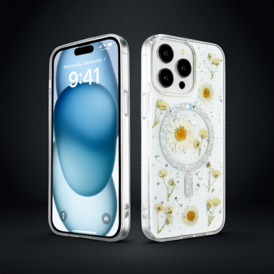 Apple İphone 15 Pro Kılıf Daisy Simli Magsafe Kapak - Gümüş