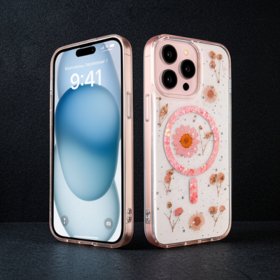 Apple İphone 15 Pro Kılıf Daisy Simli Magsafe Kapak - Pembe