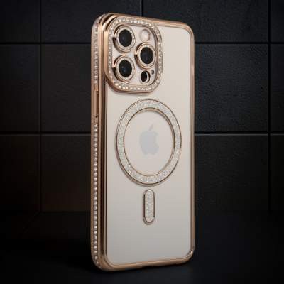 Apple İphone 15 Pro Kılıf Joke Simli Magneticsafe Kılıf - Gold