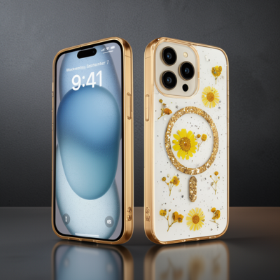 Apple İphone 15 Pro Max Kılıf Daisy Simli Magsafe Kapak - Gold
