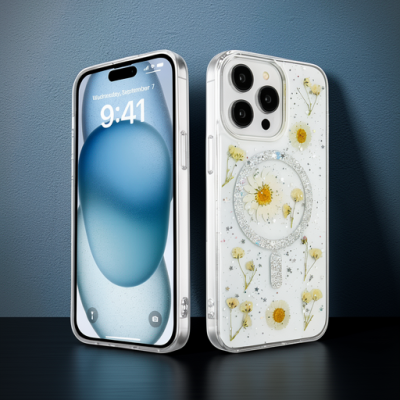 Apple İphone 15 Pro Max Kılıf Daisy Simli Magsafe Kapak - Gümüş