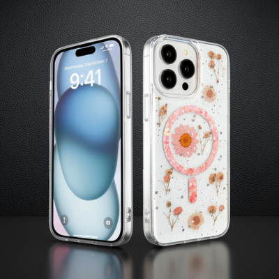 Apple İphone 15 Pro Max Kılıf Daisy Simli Magsafe Kapak - Pembe