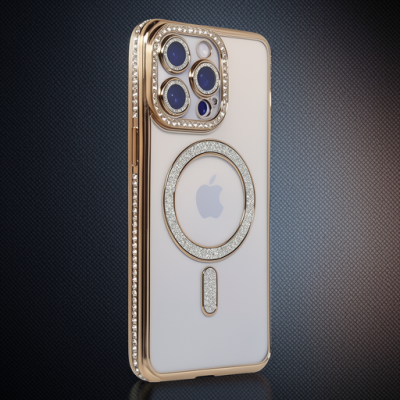 Apple İphone 15 Pro Max Kılıf Joke Simli Magneticsafe Kılıf - Gold
