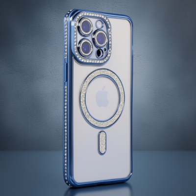 Apple İphone 15 Pro Max Kılıf Joke Simli Magneticsafe Kılıf - Mavi
