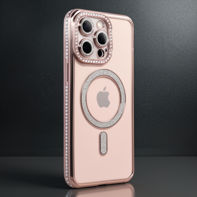 Apple İphone 15 Pro Max Kılıf Joke Simli Magneticsafe Kılıf - Pembe