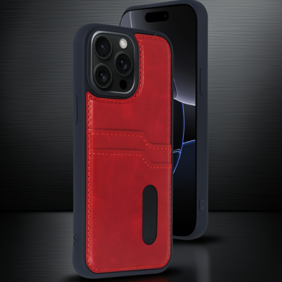 Apple İphone 15 Pro Max Kılıf Sara Kartvizitli Deri Kılıf - Kırmızı
