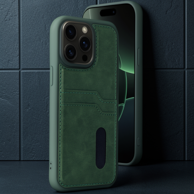 Apple İphone 15 Pro Max Kılıf Sara Kartvizitli Deri Kılıf - Koyu Yeşil