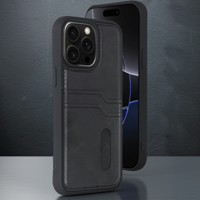 Apple İphone 15 Pro Max Kılıf Sara Kartvizitli Deri Kılıf - Siyah