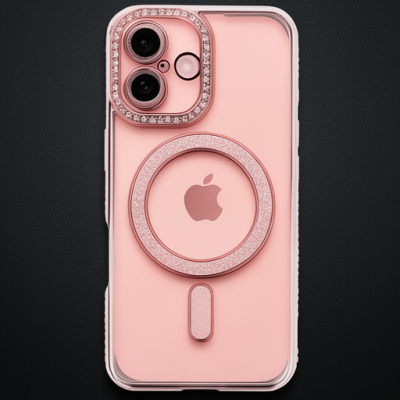 Apple İphone 16 Plus Kılıf Joke Simli Magneticsafe Kılıf - Pembe