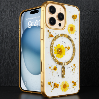 Apple İphone 16 Pro Kılıf Daisy Simli Magsafe Kapak - Gold