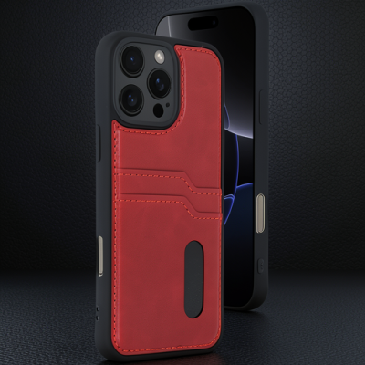 Apple İphone 16 Pro Kılıf Sara Kartvizitli Deri Kılıf - Kırmızı
