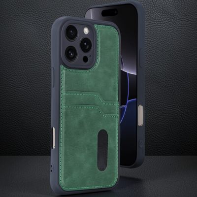 Apple İphone 16 Pro Kılıf Sara Kartvizitli Deri Kılıf - Koyu Yeşil