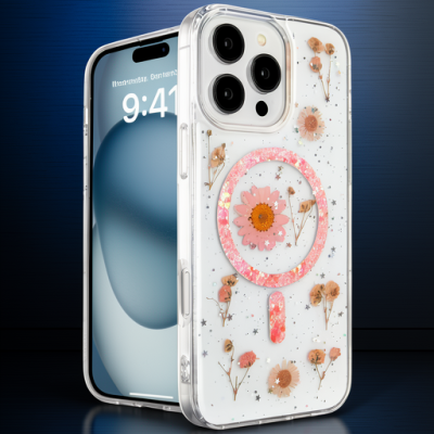 Apple İphone 16 Pro Max Kılıf Daisy Simli Magsafe Kapak - Pembe