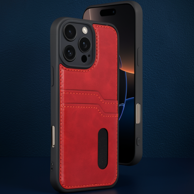 Apple İphone 16 Pro Max Kılıf Sara Kartvizitli Deri Kılıf - Kırmızı
