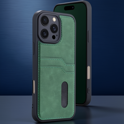 Apple İphone 16 Pro Max Kılıf Sara Kartvizitli Deri Kılıf - Koyu Yeşil