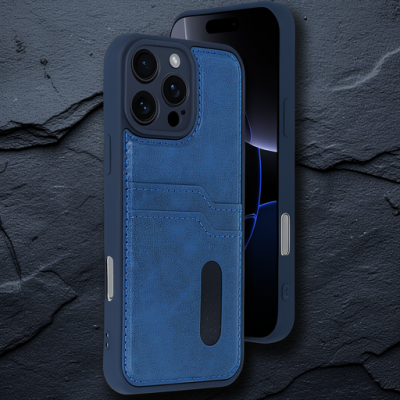 Apple İphone 16 Pro Max Kılıf Sara Kartvizitli Deri Kılıf - Lacivert