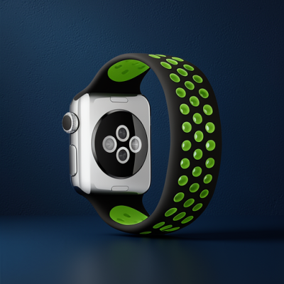 Apple Watch 38mm Ayarlı Delikli Silikon Kordon - Siyah-yeşil