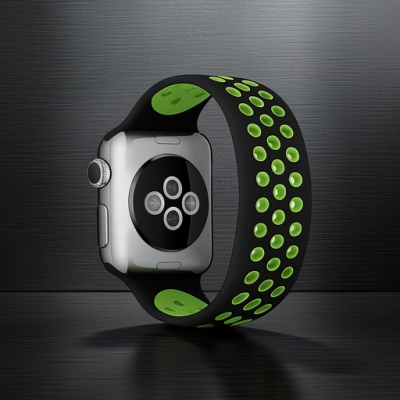 Apple Watch 42mm Ayarlı Delikli Silikon Kordon - Siyah-yeşil