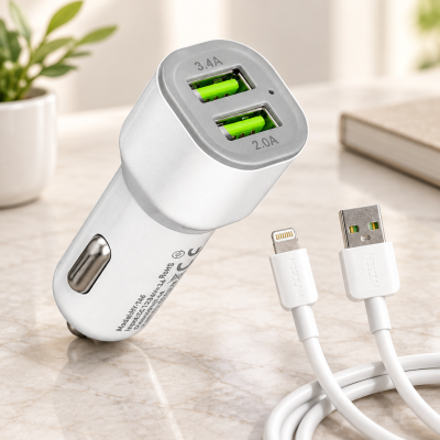 Araç Çakmaklık Çift USB Hızlı Şarj Başlığı ve Lightning Kablosu