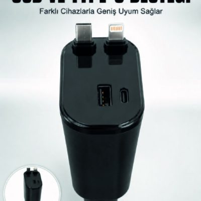 Araç Çakmaklık Şarj Cihazı 120W Type-C & Lightning Kablolu Çoklu Hızlı Şarj İstasyonu