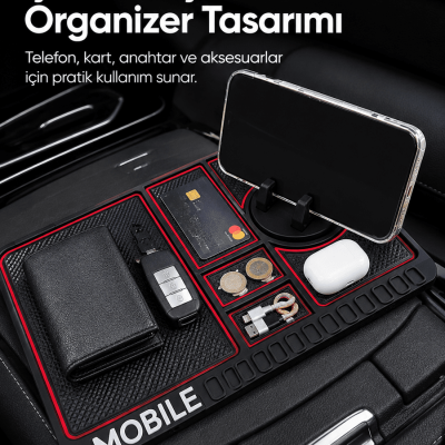 Araç İçi Kaydırmaz Organizer Mat Telefon Standlı Çok Amaçlı Konsol Düzenleyici
