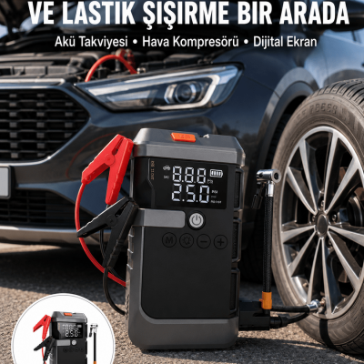 Araç İçin 4 Fonksiyonlu Akü Takviye ve Lastik Şişirme Cihazı Yeni Nesil