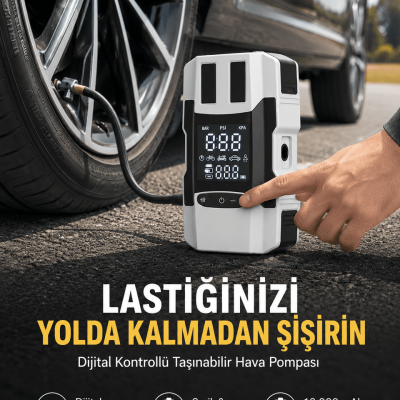 Araç Lastik Şişirme Pompası ve Akü Takviye Powerbank Bir Arada Yeni Nesil