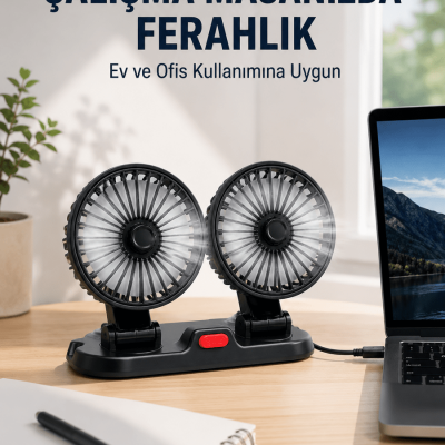 Araç ve Ev Kullanımına Uygun Çift Başlıklı Masaüstü Vantilatör