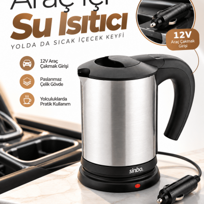 Araçta Sıcak Su Hazırlamak İçin 12V Çakmak Girişli Paslanmaz Çelik Su Isıtıcı Kettle