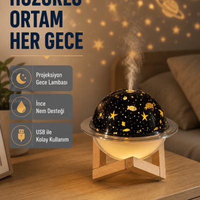 Aromaterapili USB Hava Nemlendirici – Projeksiyon Işıklı, Sessiz ve Şık Tasarım
