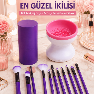 Avantajlı İkili Set 12’li Mor Makyaj Fırçası ve Elektrikli Makyaj Fırçası Yıkama Temizleme Cihazı