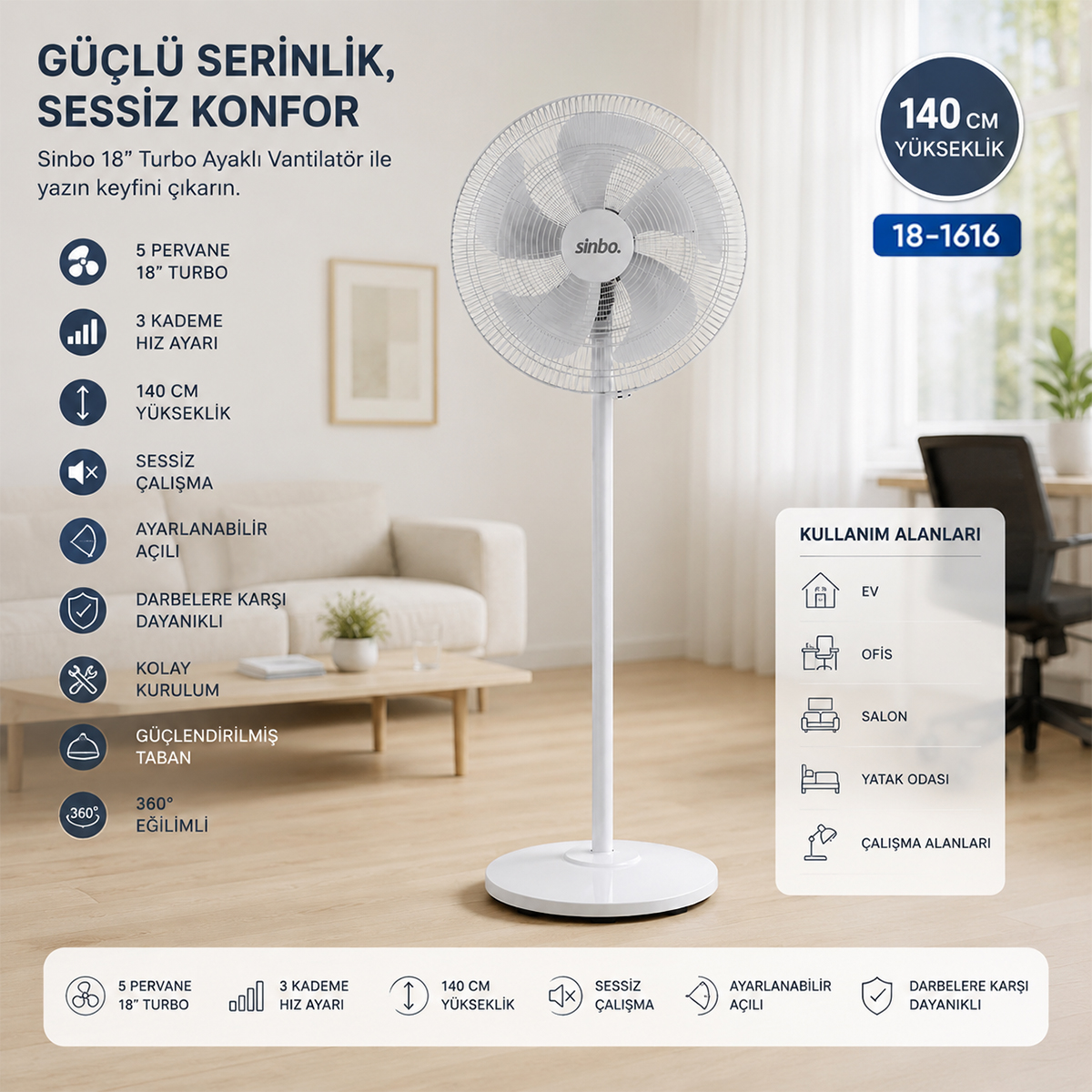 Ayaklı vantilatör 5 kanat 18'' (yaklaşık 45 cm) Sessiz 3 Kademe 140 cm