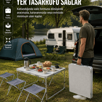 Ayarlanabilir Yükseklikli Kamp ve Piknik Masası 4 Kişilik Katlanabilir Masa Seti