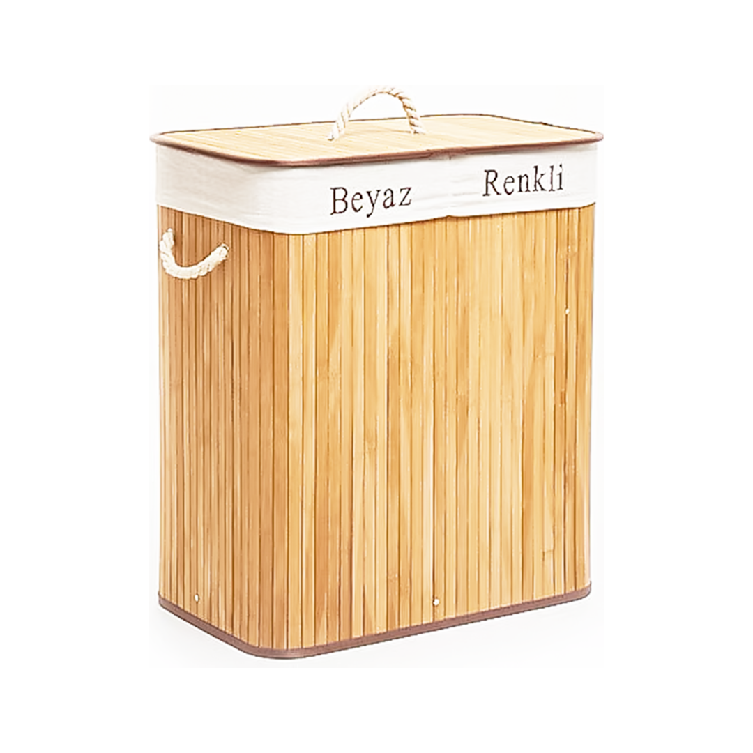 Bambu Ahşap 2 Bölmeli Çamaşır Sepeti 52x32x62 cm