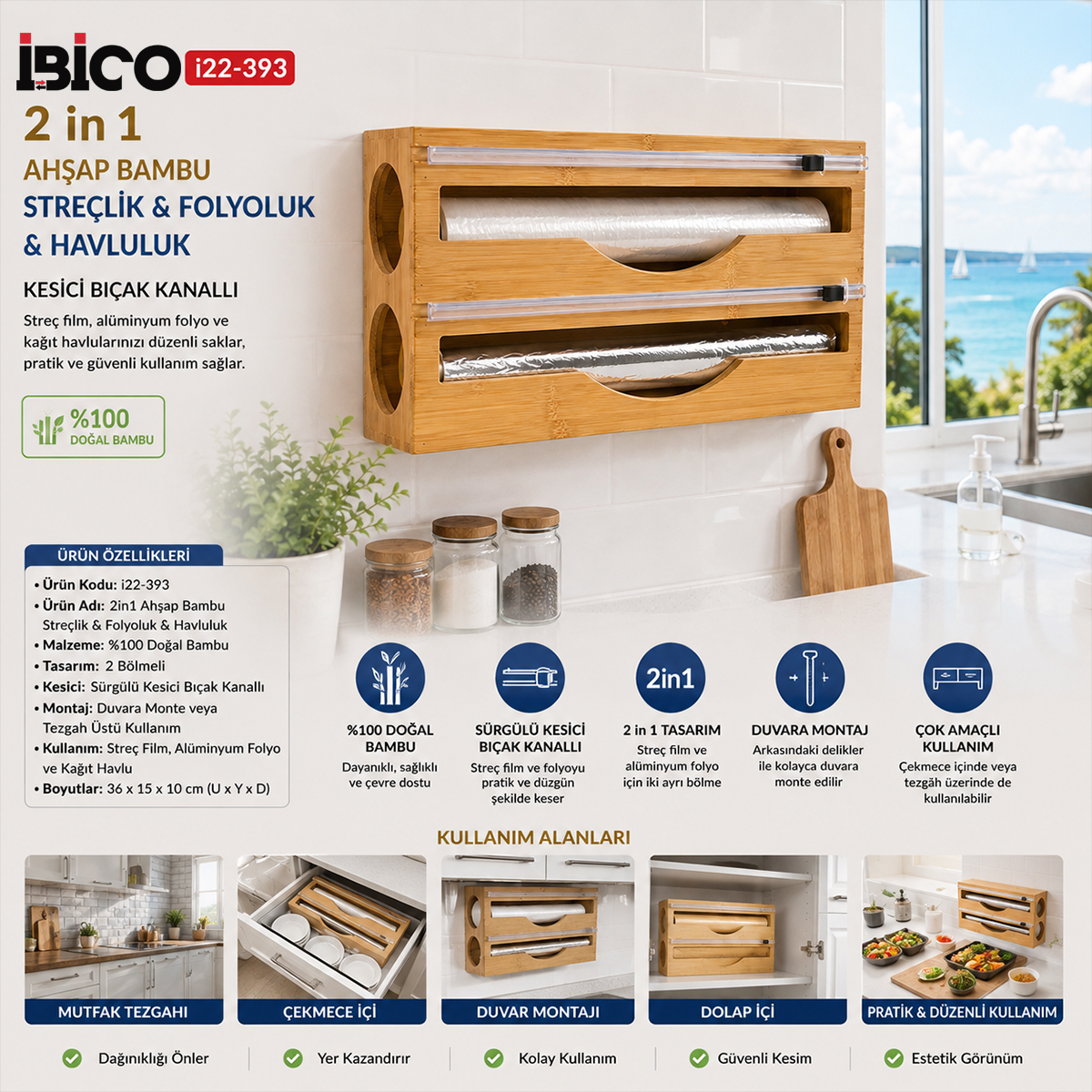 Bambu Ahşap Streç & Folyo Dispenseri (Havluluk, Kesici Kanallı)
